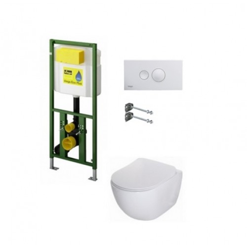 WC rėmo Viega, balto mygtuko Visign 10 ir klozeto Deante Peonia Rimless su plonu lėtaeigiu dangčiu komplektas WC rėmo Viega, balto mygtuko Visign 10 ir klozeto Deante Peonia Rimless su plonu lėtaeigiu dangčiu komplektas